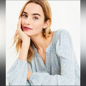 Loft, XL, Light Blue Floral Shirred Henley Blouse